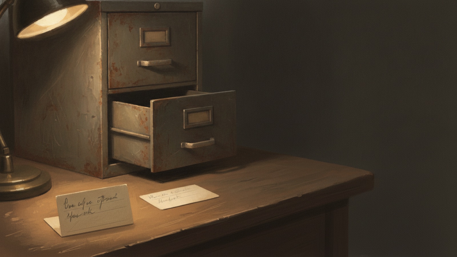 A painted scene of a rusted steel filing cabinet with one drawer pulled open. On the desk in front of it, two handwritten index cards sit under a desk lamp, one in dark ink and one in faded pencil.