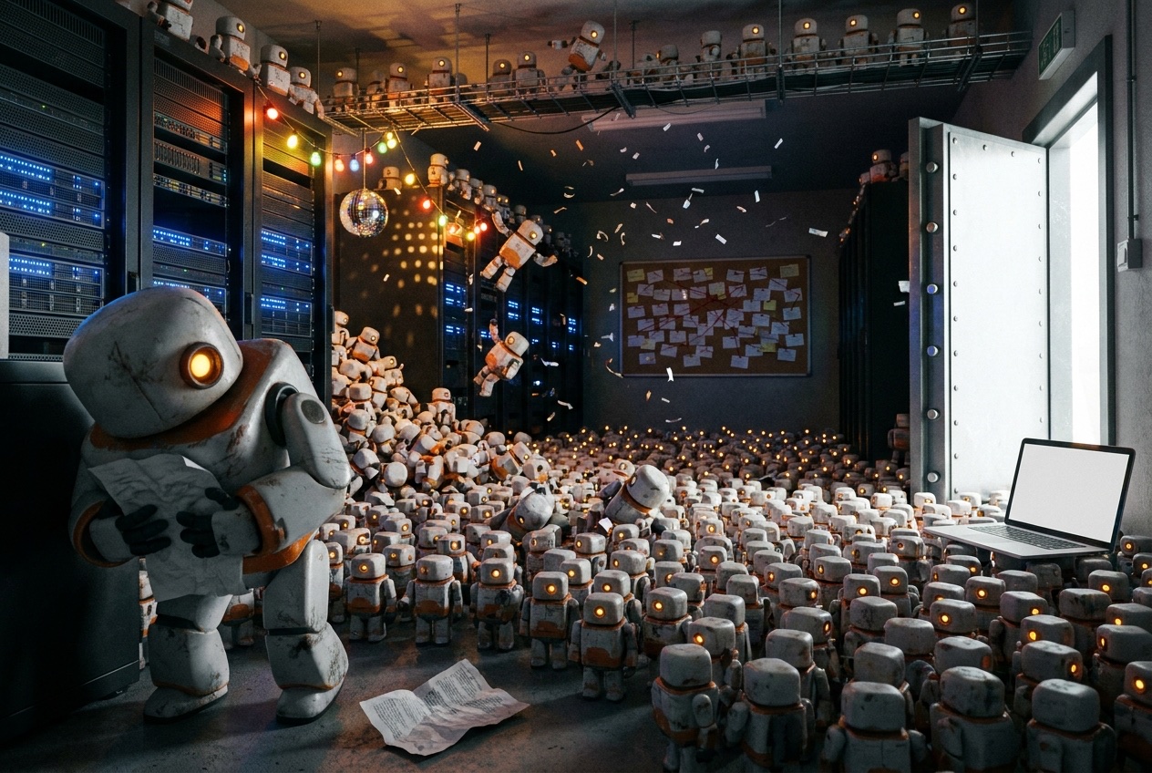 A server room at night overrun by hundreds of small boxy robots throwing a party under a disco ball and string lights. In front, one robot stands on an overturned coffee cup hunched over a paper, a crumpled crib note palmed to its face and its glowing eye swiveled sideways in a guilty glance. Behind it a corkboard of pinned notes, and a heavy steel door standing wide open, unwatched. No people anywhere.